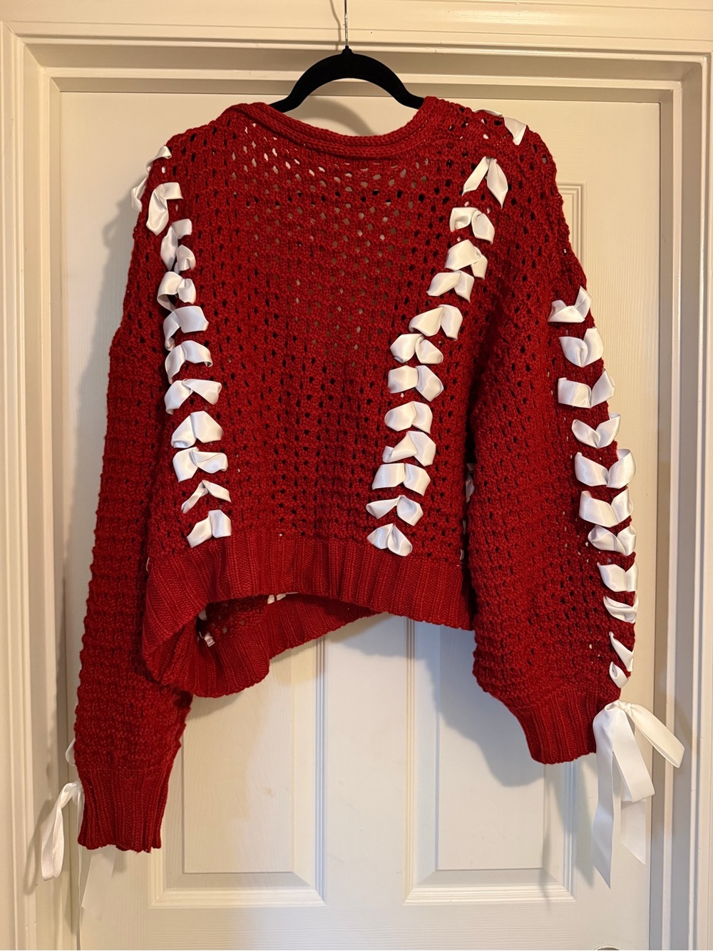 Altar'd State Red Open-Knit Cardigan with White Ribbon Trim - Picture 2 of 5